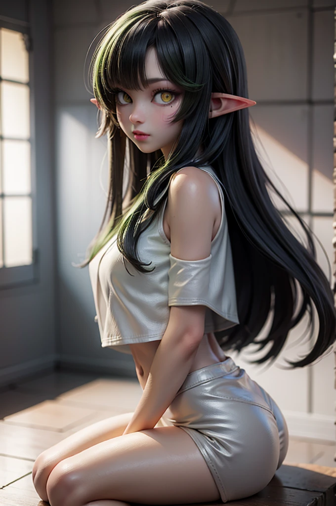 Elf Girl、Age is 8 years old、Medium-long black hair、Grey Eyes、Completely naked、Lying in a dark bedroom、Seductive expression