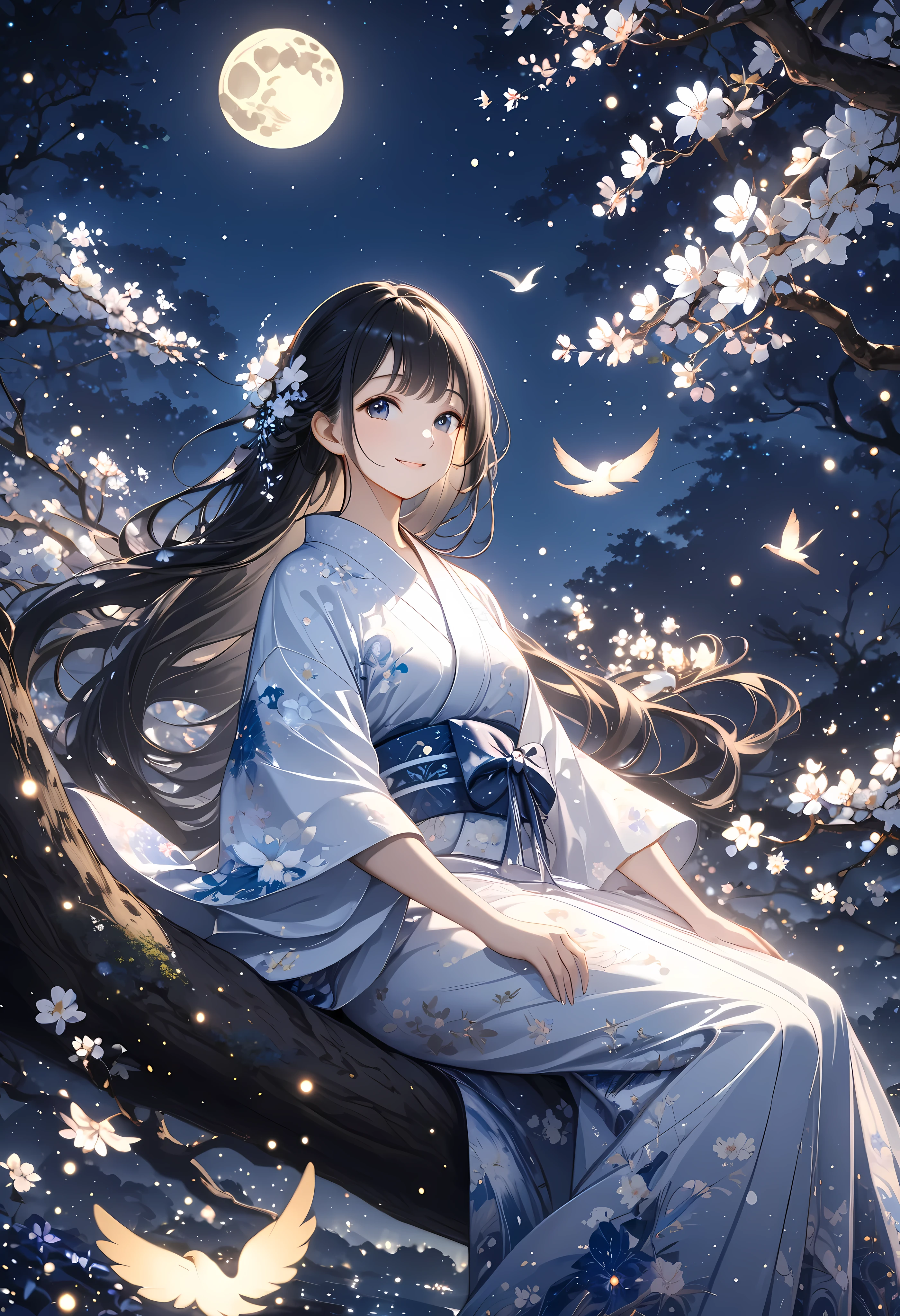 1girl,solo,yukata,very long hair, floating hair,glowing hair, black hair, smile, looking at viewer, bird, flower print, ((high detailed, best quality)),white clothing, crescent, 
 night time,moon,starry night, dreamlike, serene, mystical,low contrast,moon light,sitting on a tree branch,light particles, river on the ground,HD, 8k, absurdres,