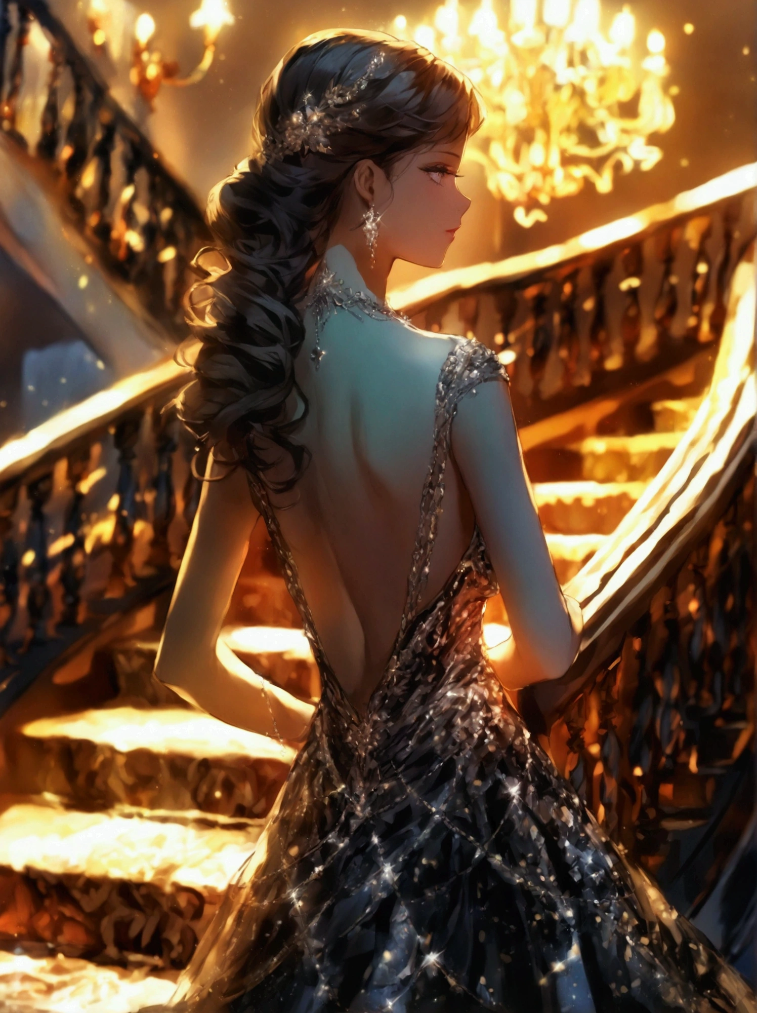 Spectacular anime style. An image of great elegance and glamour of a luxury perfume brand of a woman in a party dress with luxury jewelry, a long haute couture party dress and a hairstyle of great elegance and complexity. She is walking down a spiral staircase and on the last step there is a bottle of perfume. HDR