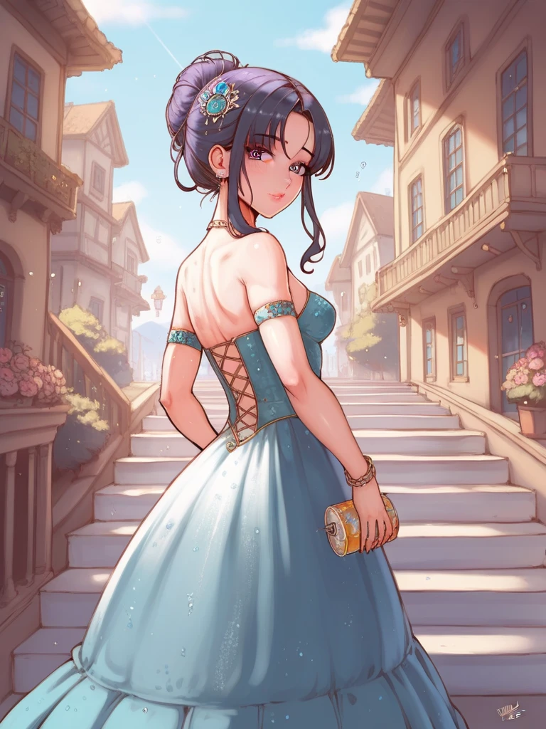 Spectacular anime style. An image of great elegance and glamour of a luxury perfume brand of a woman in a party dress with luxury jewelry, a long haute couture party dress and a hairstyle of great elegance and complexity. She is walking down a spiral staircase and on the last step there is a bottle of perfume. HDR