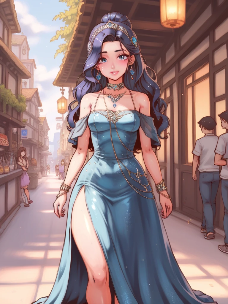 Spectacular anime style. An image of great elegance and glamour of a luxury perfume brand of a woman in a party dress with luxury jewelry, a long haute couture party dress and a hairstyle of great elegance and complexity. She is walking down a spiral staircase and on the last step there is a bottle of perfume. HDR