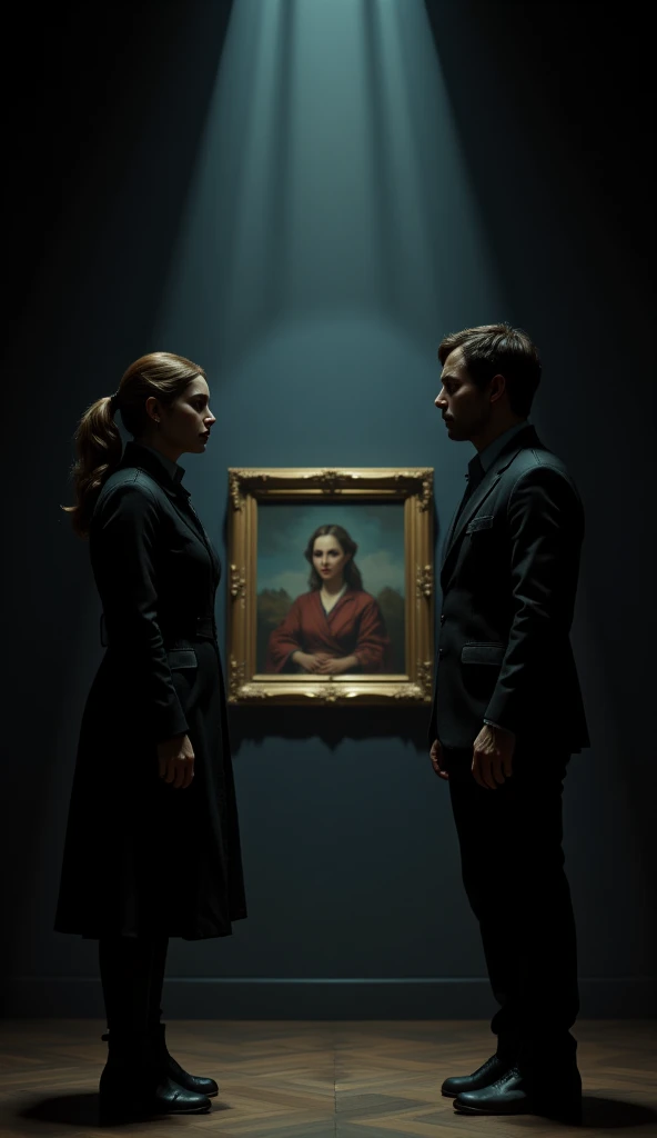  A dramatic scene where all the main characters meet in the art room, Helena,  Vitor and Lucas with tense expressions .  The environment must be dark and charged with tension , with the illuminated central artwork ,  symbolizing the secret that connects them all .