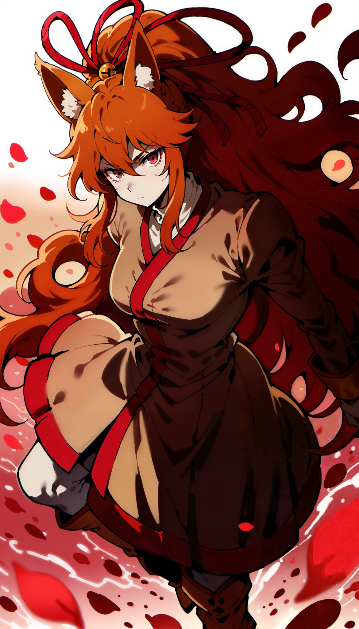 in style of Santiago Caruso, 1girl, solo, White skin,light orange hair, (kitsune fox ears),floofy hair,long hair, body Portrait,skinnybody, wideangle shot, red hair ribbon with golden bells, ((white kimono-like top with a reddish-pink trim, wearing long creamy white socks and matching boots, fully clothed)), dynamic angle, dynamic pose, (masterpiece, beautiful eyes, sakura petals and sakura background), (((Ceroba from Undertale Yellow)))