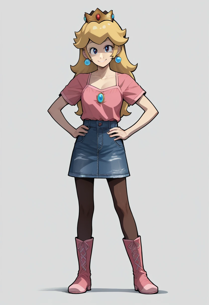 score_9, score_8_up, score_7_up, score_6_up BREAK source_anime,princess peach,solo,happy,slight smile, , princess peach, blond hair, long, denim skirt, pantyhose, pink camisole, short sexy boots, solo, complete body view, looking at viewer, hanging hair, stand up, standing, from front, Open eyes, front view, (hands on hips), smile, short sleeves, source_anime, anime, absurdres, solo, 1girl, full body, lora:PringleDingle_v2-15:1, Pringus Mcdingus Style, #pringus mcdingus, pringus mcdingus, pringusmcdingus prngs, no crown 