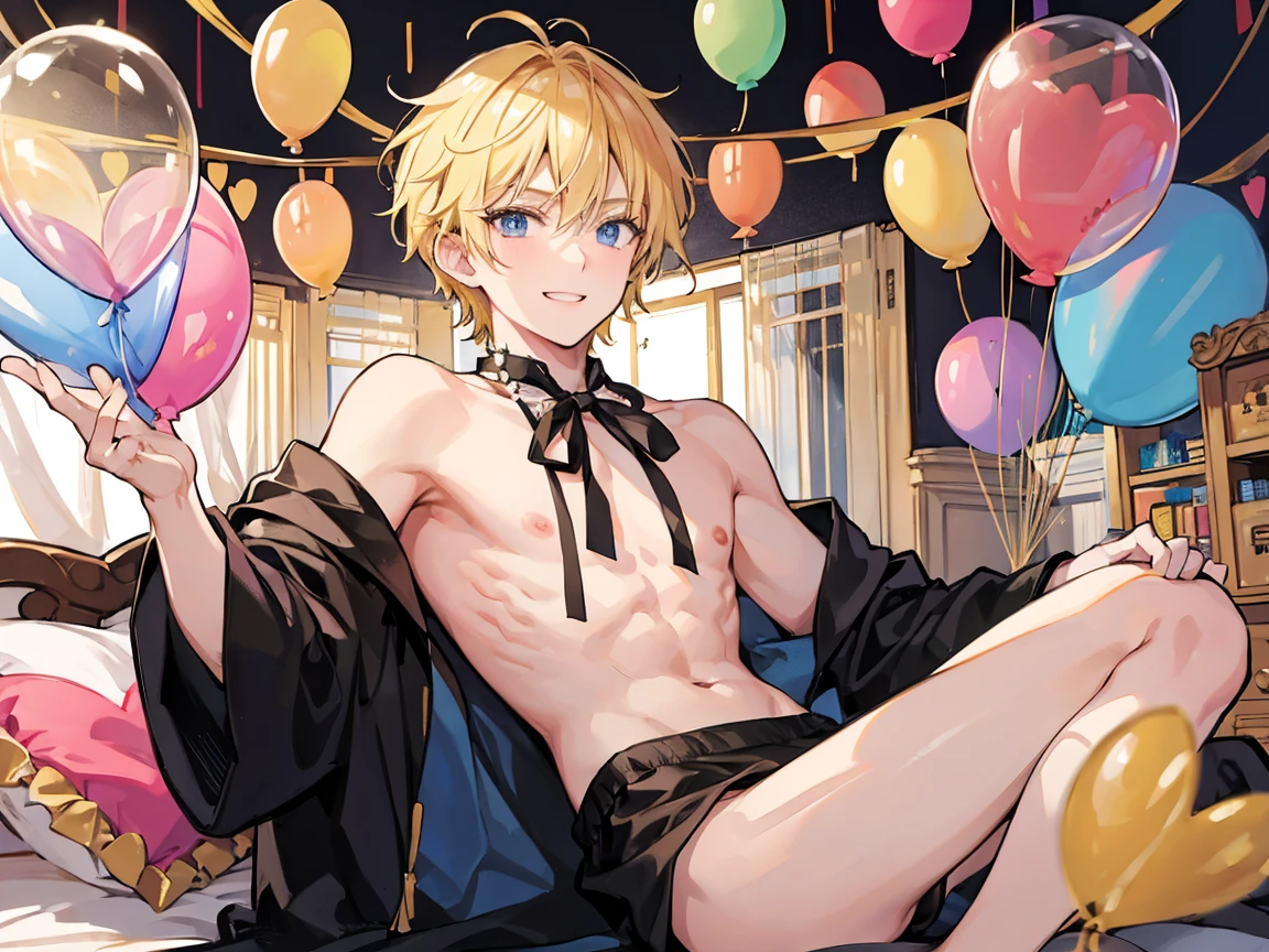 The blonde merchant man has a cheerful face, is naked, is surrounded by lots of balloons on his bed, and wears black boxer shorts