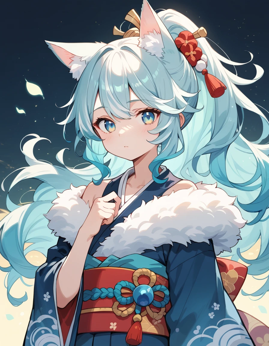 Wolf Girl, short,fine,Young girl, Opal colored hair,ponytail, long hair,Fluffy hair , Unkempt Hair , kimono