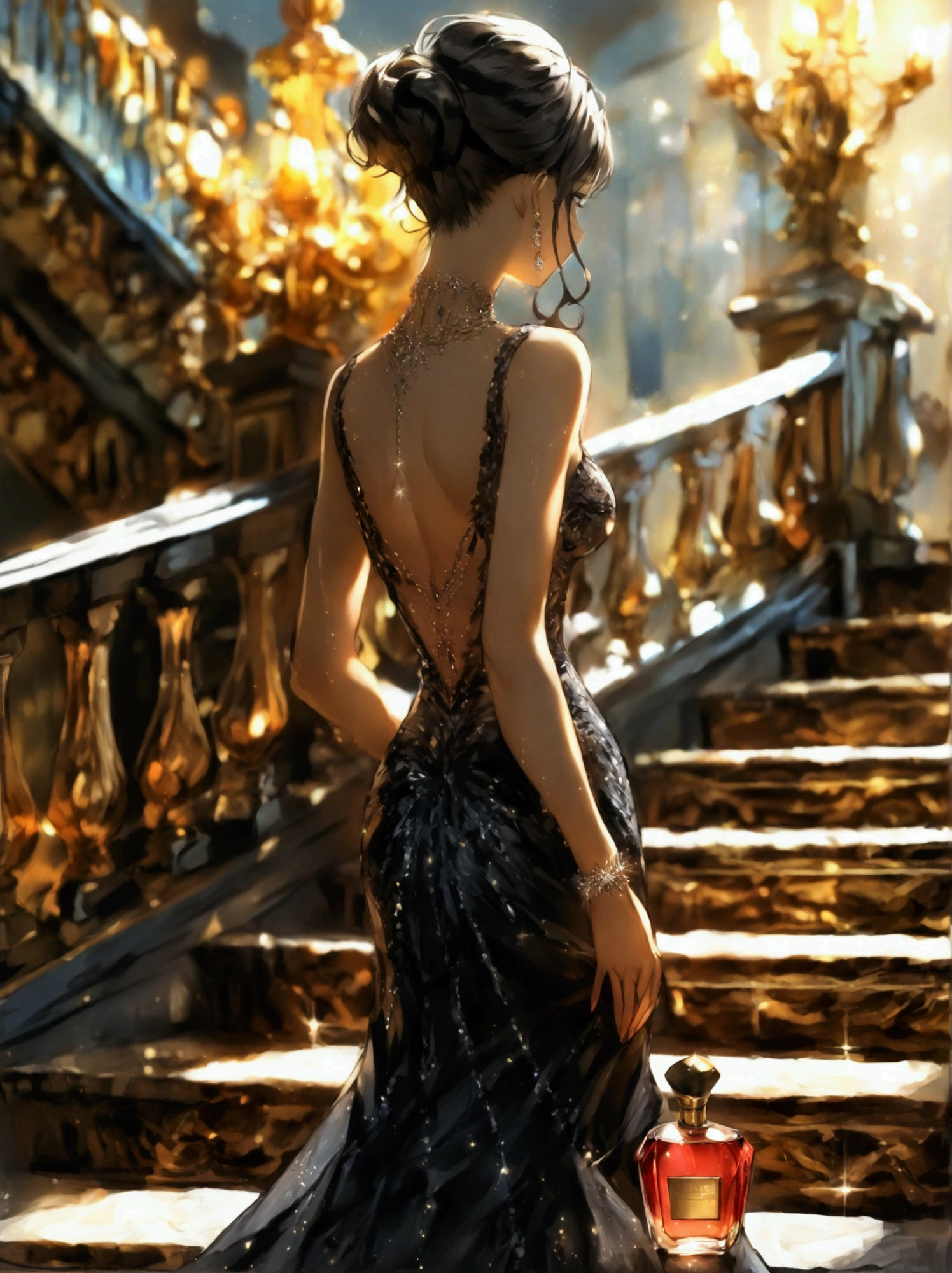 Spectacular anime style. An image of great elegance and glamour of a luxury perfume brand of a woman in a party dress with luxury jewelry, a long haute couture party dress and a hairstyle of great elegance and complexity. She is walking down a spiral staircase and on the last step there is a bottle of perfume. HDR