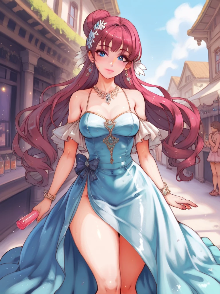 Spectacular anime style. An image of great elegance and glamour of a luxury perfume brand of a woman in a party dress with luxury jewelry, a long haute couture party dress and a hairstyle of great elegance and complexity. She is walking down a spiral staircase and on the last step there is a bottle of perfume. HDR