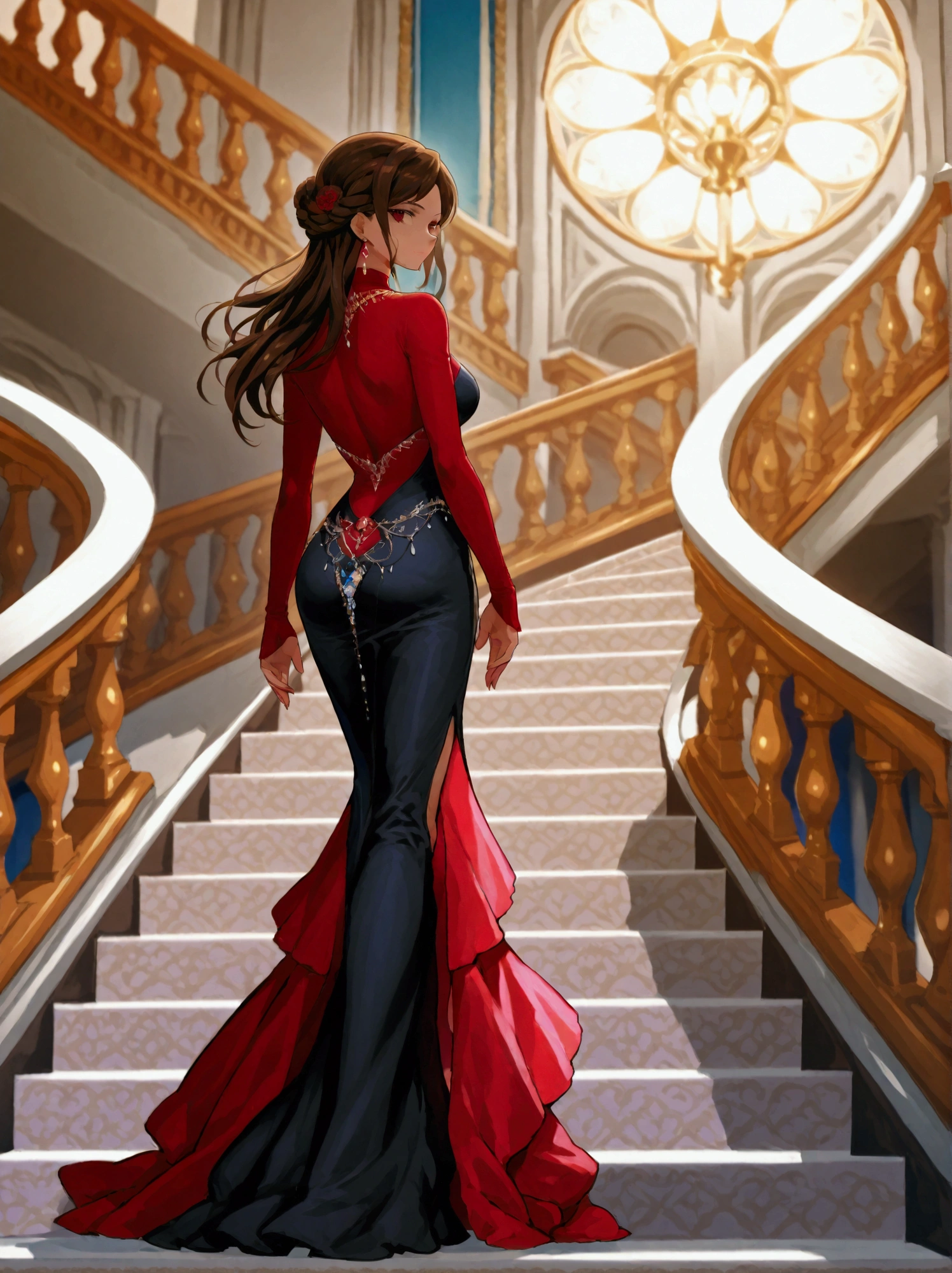 Spectacular anime style. An image of great elegance and glamour of a luxury perfume brand of a woman in a party dress with luxury jewelry, a long haute couture party dress and a hairstyle of great elegance and complexity. She is walking down a spiral staircase and on the last step there is a bottle of perfume. HDR