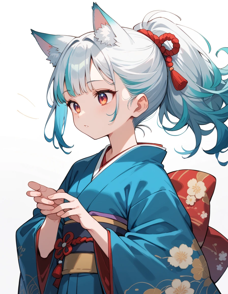 Wolf Girl, short,fine,Young girl, Opal colored hair,ponytail, long hair,Fluffy hair , Unkempt Hair , kimono