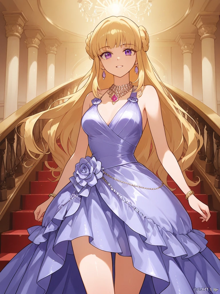 Spectacular anime style. An image of great elegance and glamour of a luxury perfume brand of a woman in a party dress with luxury jewelry, a long haute couture party dress and a hairstyle of great elegance and complexity. She is walking down a spiral staircase and on the last step there is a bottle of perfume. HDR