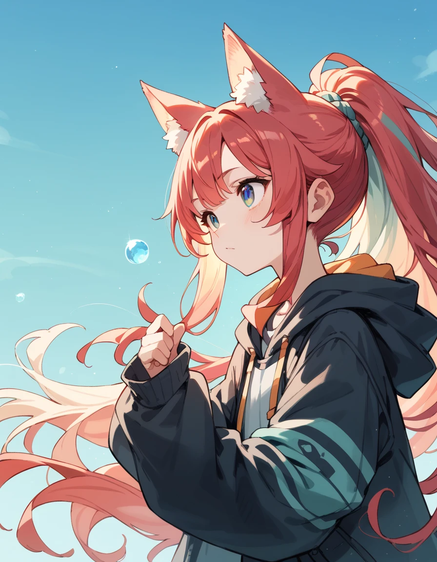 Wolf Girl, short,fine,Young girl, Opal colored hair,ponytail, long hair,Fluffy hair , Unkempt Hair ,poncho