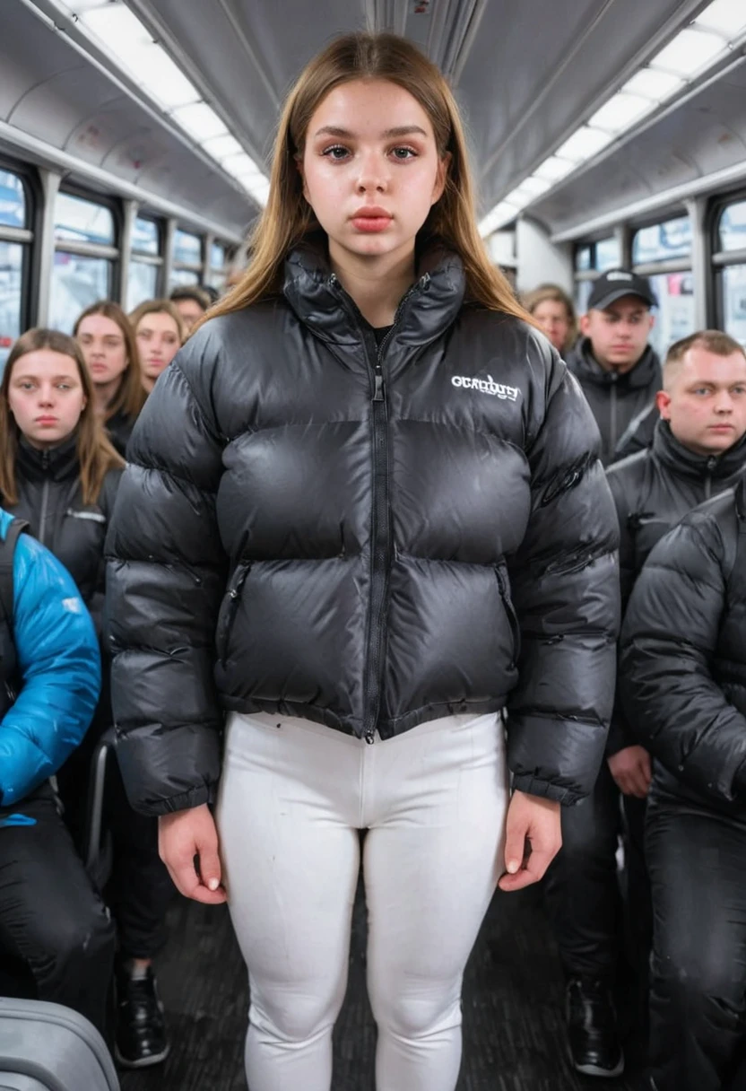 girl, sexy ,  huge breasts , wears black thick very shiny puffer-down jacket, big breasts , wears a white Backpacker her shoulders,  wears tight white leggings,brown hair, extremely crowded bus, standing in the crowd in the bus