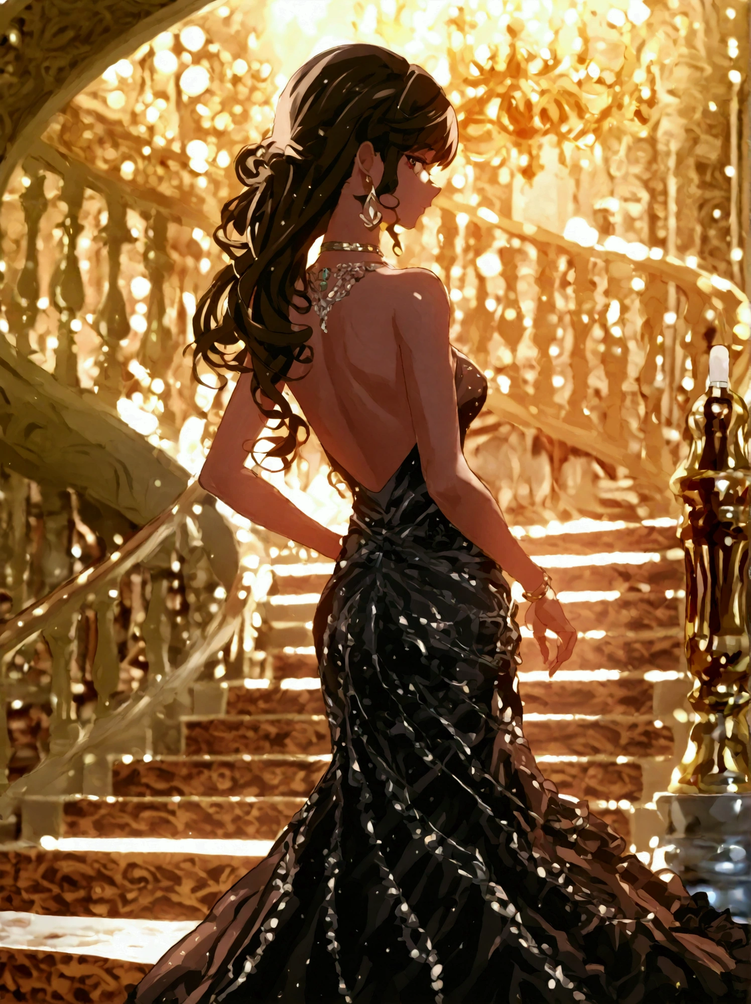 Spectacular anime style. An image of great elegance and glamour of a luxury perfume brand of a woman in a party dress with luxury jewelry, a long haute couture party dress and a hairstyle of great elegance and complexity. She is walking down a spiral staircase and on the last step there is a bottle of perfume. HDR