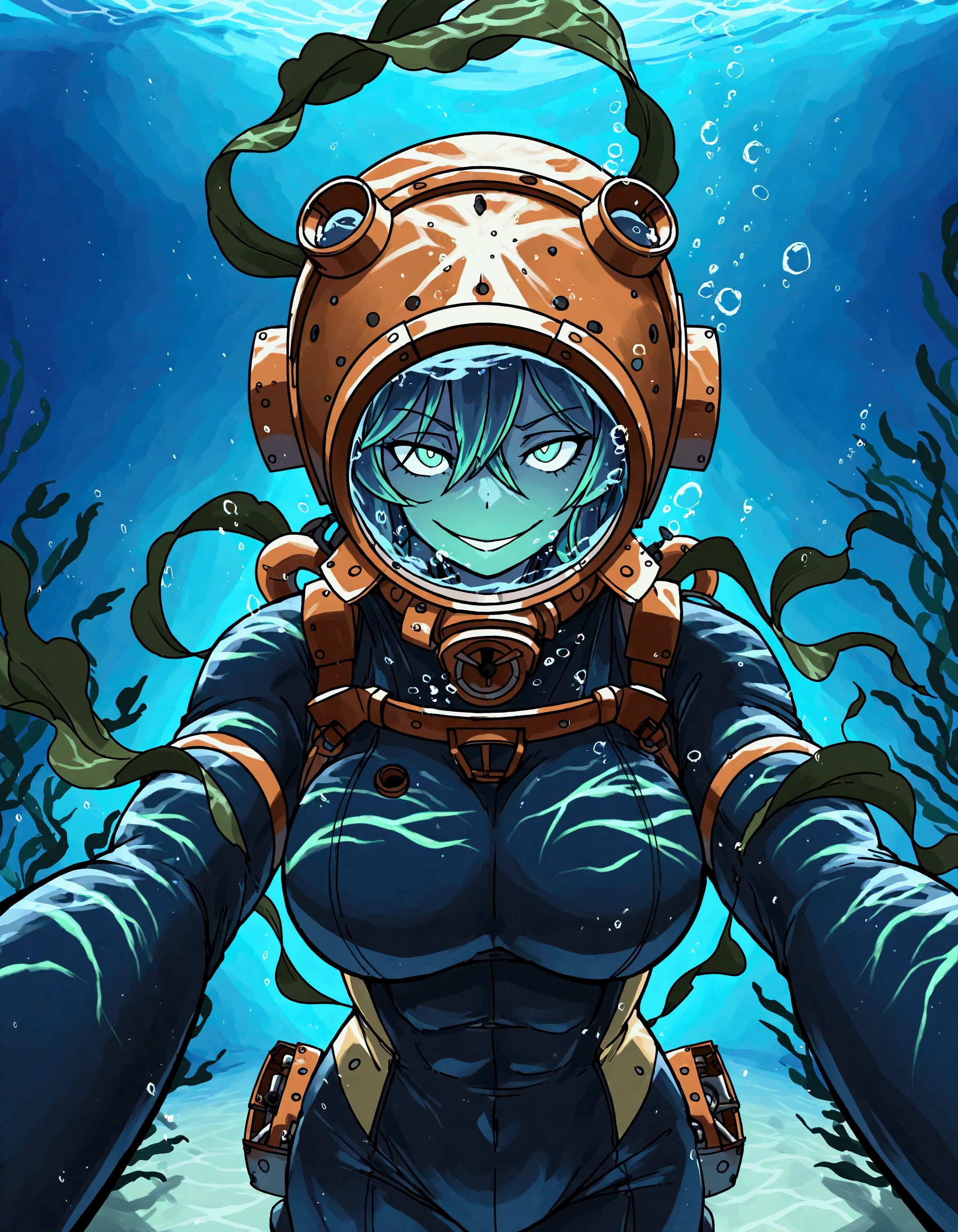 undead female deep sea Diver walking along the sea floor amongst shipwrecks, she's holding a rusty spear gun and her deep sea diving helmet is rusty as well as her diving suit is ripped and torn while emanating a ghostly green Glow, underwater, shipwrecks, deep sea diving helmet, 4K ultra detail the comma half and done, holding up in gun, reaching out with one hand, barnacles, seaweed, (Mark 5 diving helmet:1.5), shipwrecks, walking, horror_(theme), ghost, evil, looking at viewer, holding spear gun, ghostly green Glow, 1girl, solo, large_breasts, muscular, barnacles, rust, (shipwrecks:1.6), multiple shipwrecks, (phantom deep sea diva:1.4), broken air hose, bubbles, (underwater:1.7), upper body, portrait, from_above, evil_eyes, evil_smile, night, darkness, [barnacles on diving suit], rusty_diving_suit, line_art, ghostly green Glow, phantom of the sea, (evil smile:1.3), Draped in seaweed, ghostly, diving suit