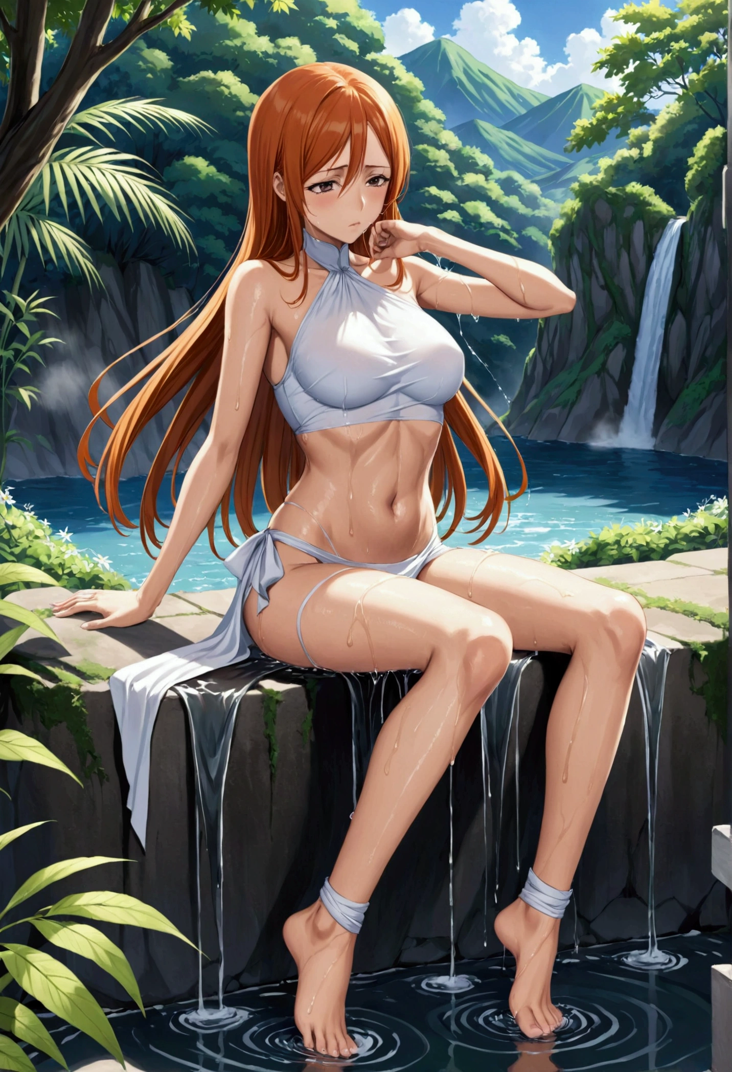 In the jungle、Near the waterfall、One girl, Idol, close, clavicle, photograph, movie, Depth of written boundary, Skin Texture, Orange long hair, Big Breasts、In underwear、whole body、Sitting