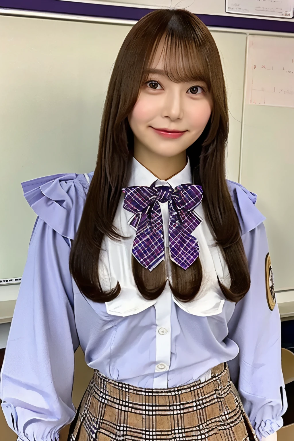 brown hair on one woman、 straight hair、With bangs、beautiful breasts slim body 、Purple bow tie、WhiteShirt 、 plaid pleated mini skirt 、 standing in front of a whiteboard、In a school classroom