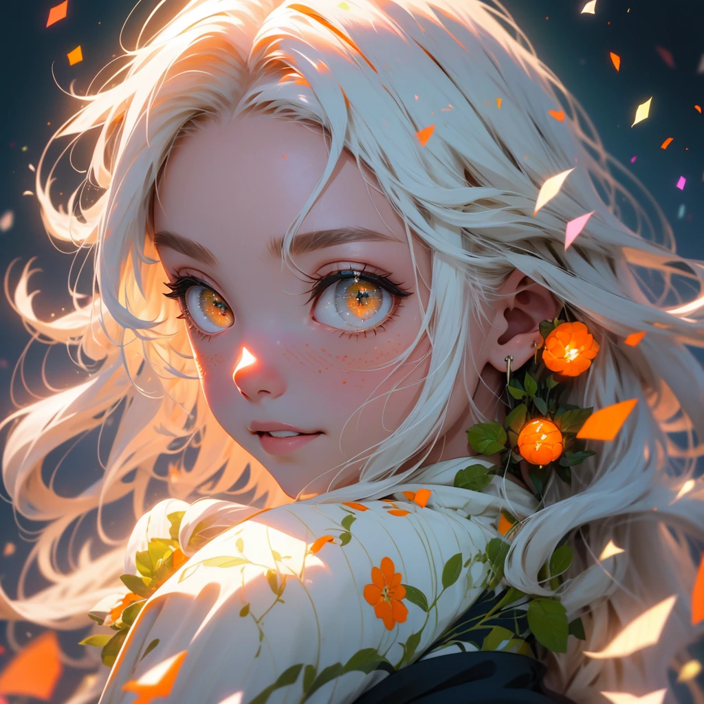 (high resolution:1.18), intricate detail, (masterpiece:1.1), (highest quality:1.1), absurdres),(1girl, portrait, white hair, orange eyes, long hair, detailed eyes), 1girl, Solo, High Resolution, Long Hair, long white hair, wearing sheer green haori, Best Quality, High Resolution, HD, High Details, Long Hair, Very Long Hair, White Hair, Blush, Smile, Parted Lips, orange eyes, beautiful