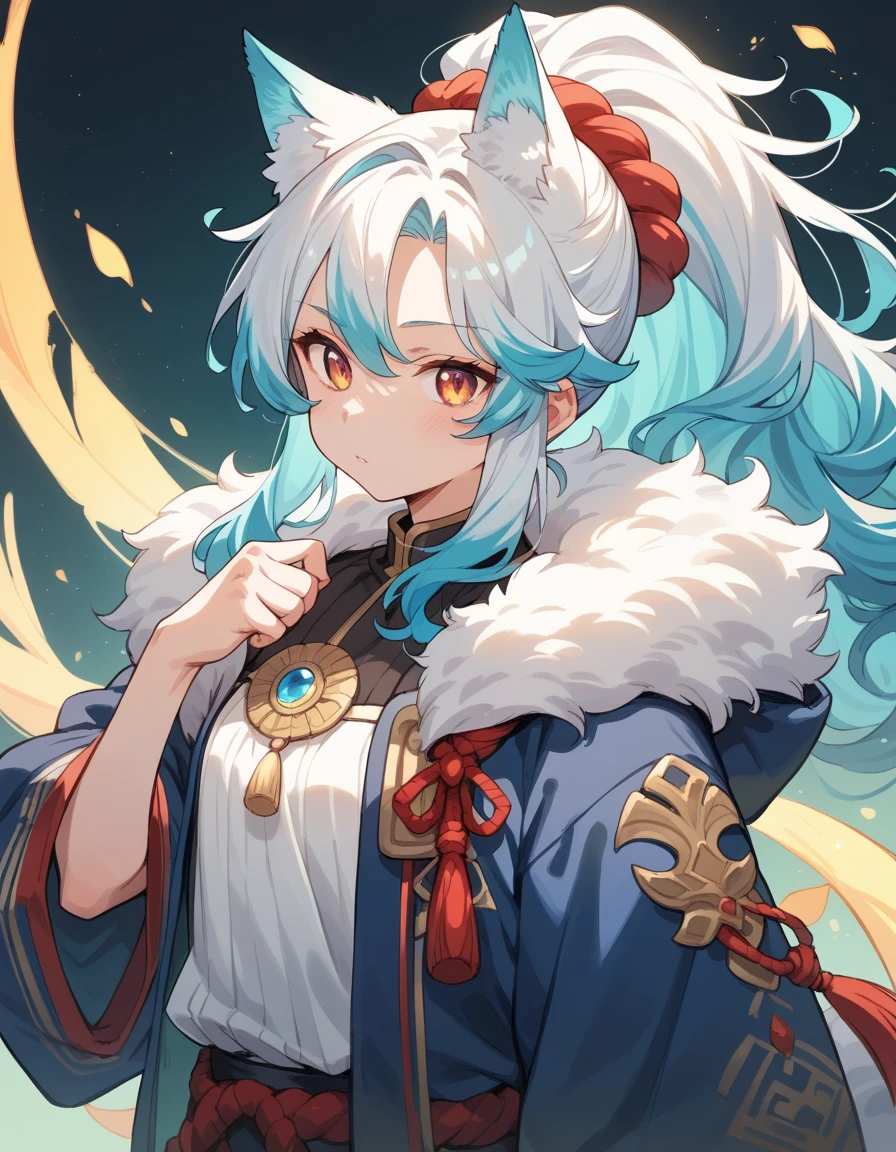 Wolf Girl, short,fine,Young girl, Opal colored hair,ponytail, long hair,Fluffy hair , Unkempt Hair ,Bolero