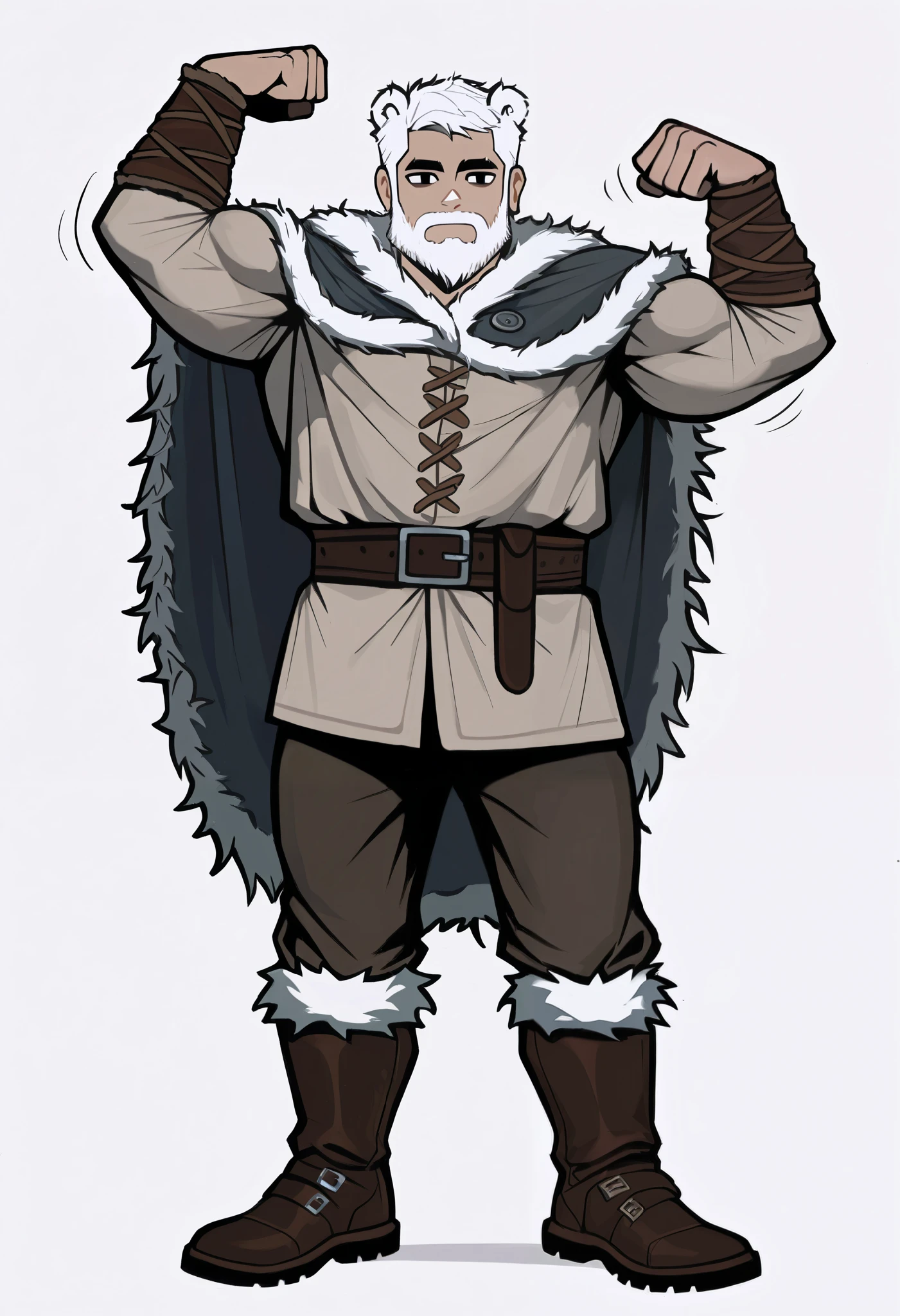 1boy, solo, veyonisLORA, bear boy, beard, kemonomimi, bear ears, white hair, black eyes, empty eyes, white pupils, outlines, viking, shirt, capelet, fur trim, muscular, boots, pants, winter clothes, masterpiece, best quality, 8k, highres, arm up, flexing, detailed, sharp focus, white background, full body, score_9_up, score_8_up, score_7_up