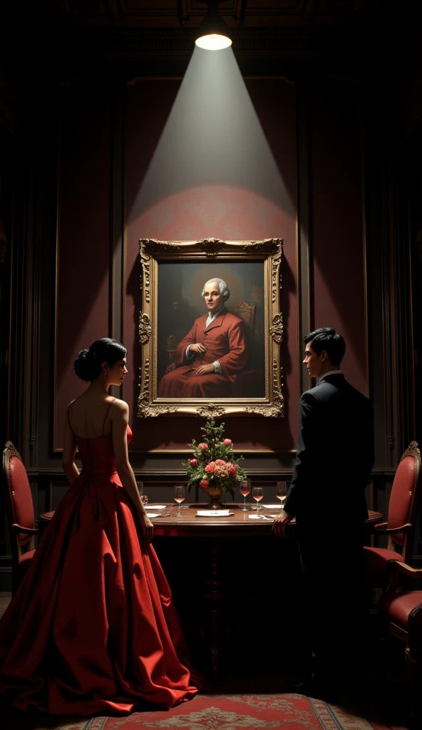  A dramatic scene where all the main characters meet in the room,  Helena leaning against the wall with her red ball gown , Vitor holds a glass of wine ,  and her expression suggests hidden secrets and Lucas with an expression of concern, with tense expressions.  The atmosphere in an elegant office room of a billionaire ,  must be dark and charged with tension , with the illuminated central artwork ,  symbolizing the secret that connects them all .