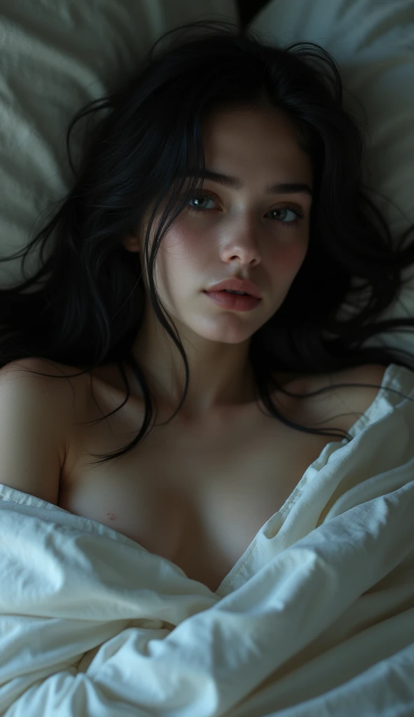 (best quality,4k,8k,highres,masterpiece:1.2),ultra-detailed,(realistic,photorealistic,photo-realistic:1.37), girl, dark hair, lying on bed slender body, nude, privacy, soft lighting, emotional portrait, atmospheric, kindergartner