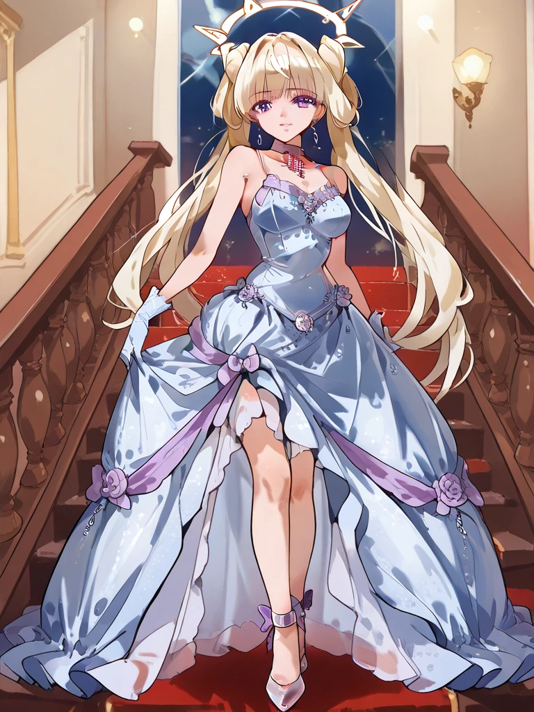 Spectacular anime style. An image of great elegance and glamour of a luxury perfume brand of a woman in a party dress with luxury jewelry, a long haute couture party dress and a hairstyle of great elegance and complexity. She is walking down a spiral staircase and on the last step there is a bottle of perfume. HDR