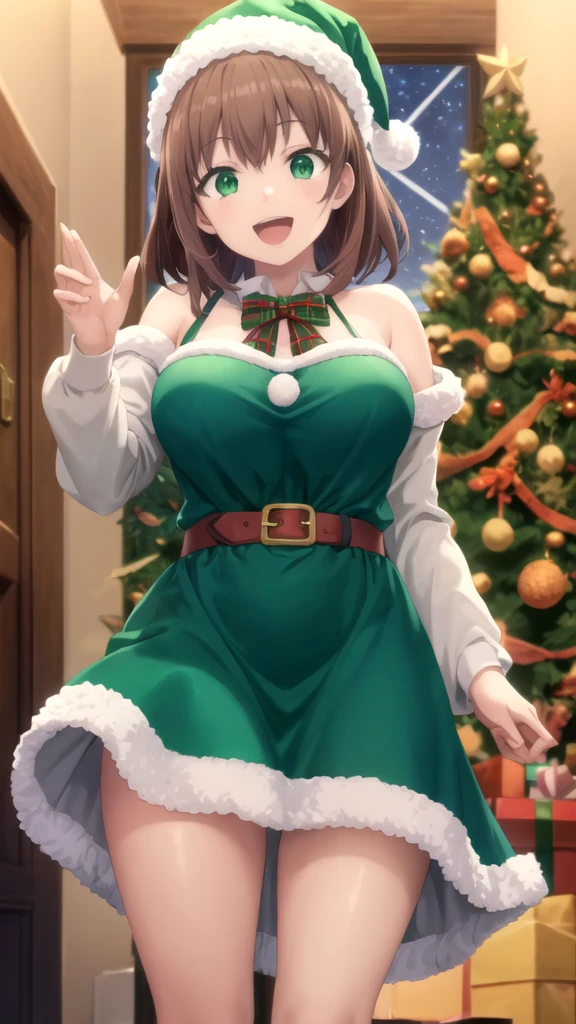 masterpiece, best quality, highres, Kazuma Satou, girl, Brown hair, Green Eyes, large breasts, merry christmas Dress, standing, smile, open mouth,