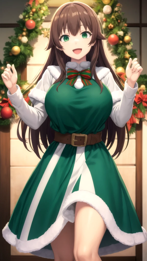 masterpiece, best quality, highres, Kazuma Satou, girl, Brown hair, Green Eyes, large breasts, merry christmas Dress, standing, smile, open mouth,