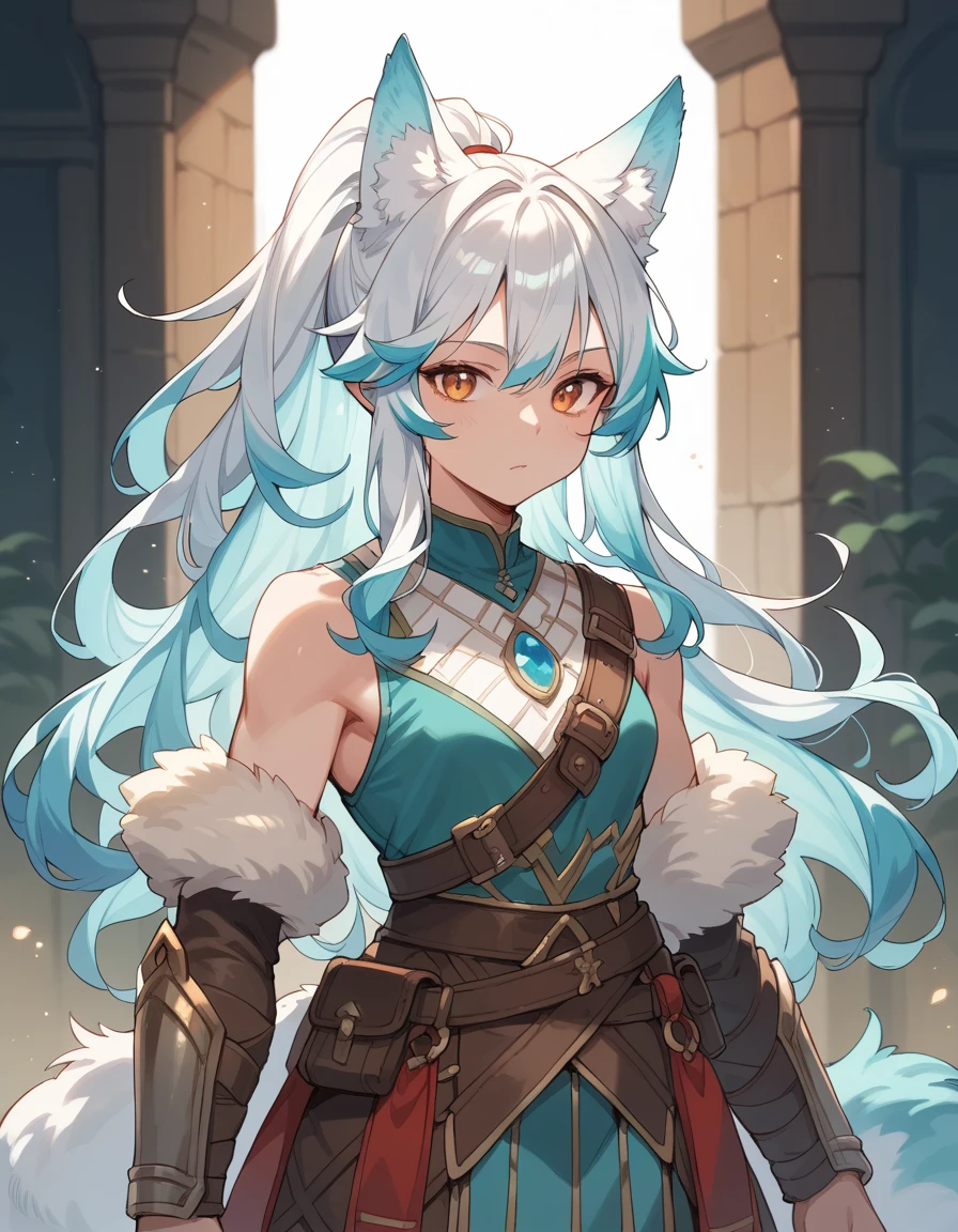 Wolf Girl, short,fine,Young girl, Opal colored hair,ponytail, long hair,Fluffy hair , Unkempt Hair ,Adventurer&#39;s Clothes