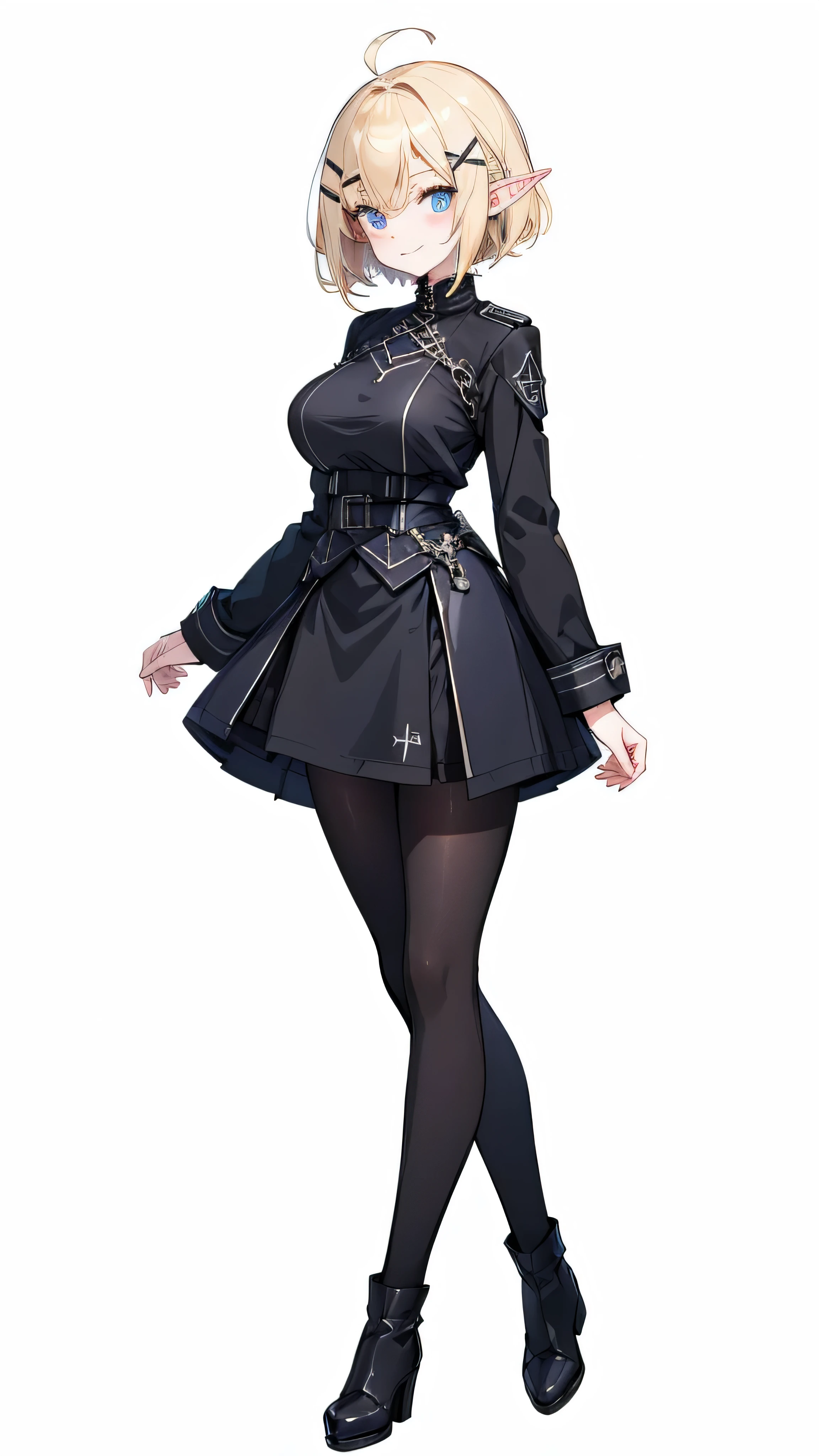 masterpiece,  top quality ,(( 1 elf woman, Slender, tall ,adult,Standing tall, full body image )),Droopy eyes,Perfect dark blue eyes , (( blonde short hair)),ahoge,((( with thick X-shaped hairpins attached to the bangs))),huge breast, black knee-high boots ,((black luxury tights,Black gothic skirt ,black military uniform gothic,Long sleeve with wide black cuffs)),(((( no background ,Solid white background)))), thin eyebrows, white skin,smile,  I don't have anything in my hands ,One hand on hip,Diagonal side view,