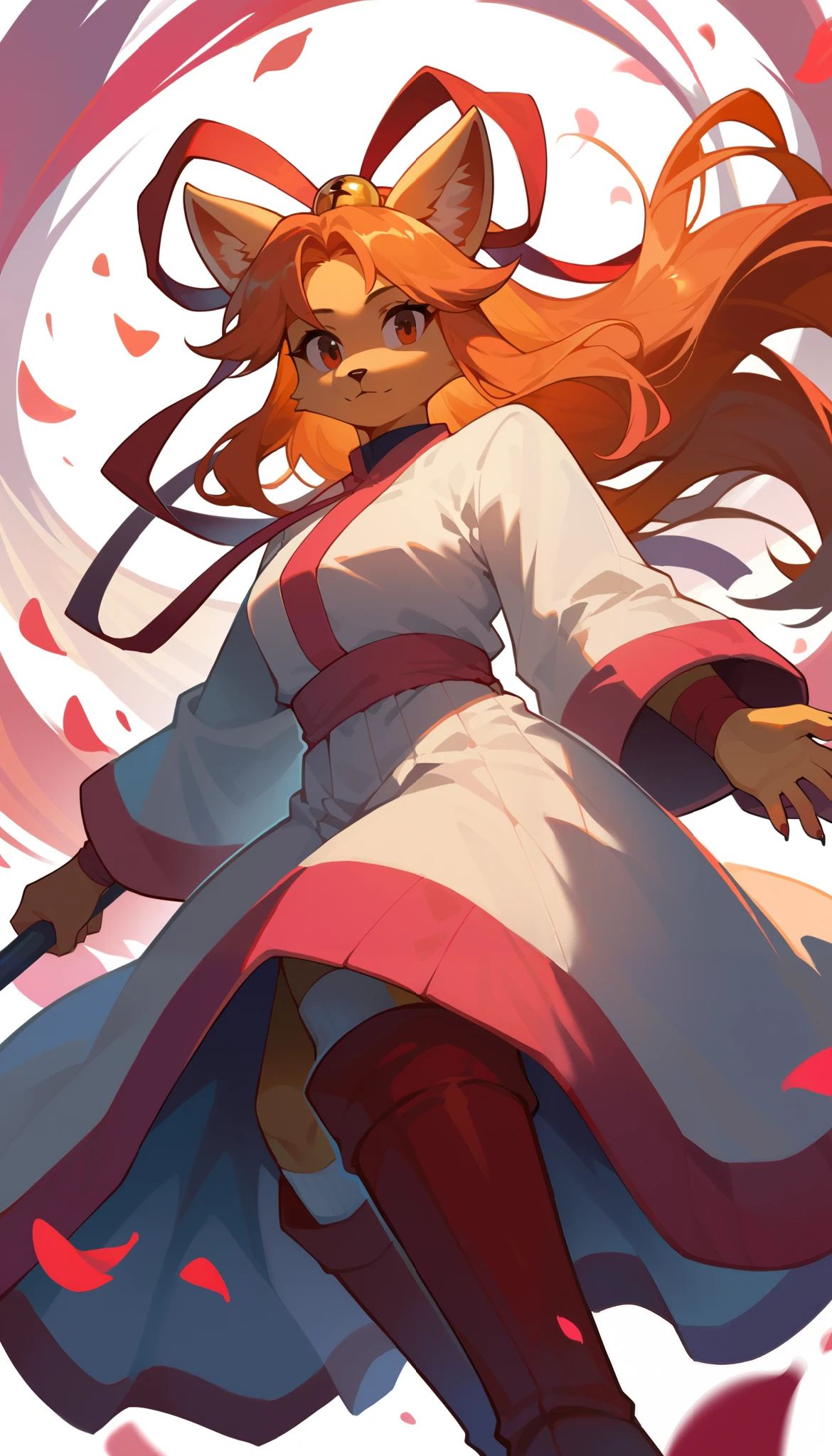 in style of Santiago Caruso, 1girl, solo, White skin,light orange hair, (kitsune fox ears),floofy hair,long hair, body Portrait,skinnybody, wideangle shot, red hair ribbon with golden bells, ((white kimono-like top with a reddish-pink trim, wearing long creamy white socks and matching boots, fully clothed)), dynamic angle, dynamic pose, (masterpiece, beautiful eyes, sakura petals and sakura background), (((Ceroba from Undertale Yellow, furry)))
