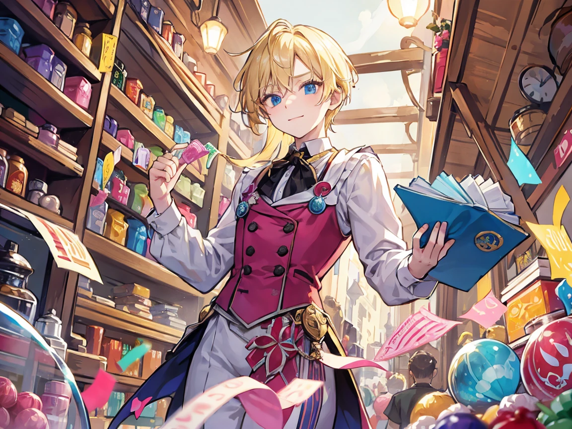 The blonde merchant man holds hundreds of colorful condoms and does business with a playful expression