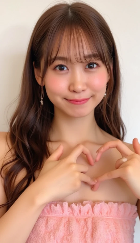  high definition 、 1 woman with a cute smile、 Wear fluffy off-the-shoulder pajamas and make a big heart in front of your chest with your own hands, Photo Mapping、Physically based rendering、 high image quality、 high definition 、1080P、 rich details 、( Stunning Features :1.35)、( detail eyes)、Delicate clavicle、 Various Poses、 A very realistic and detailed upper body portrait of a young woman。The skin is beautiful、 soft light reflecting high on her cheeks .、 Tiny pores and hair follicles、 You can see even the thinnest blood vessels 。The skin is smooth、natural flushing of cheeks 、Healthy glow。 The eyes are large and clear blue、Her iris has fine patterning、 Light is reflecting and shining in the eye。 There is a slight shadow under her eye 、 Her eyelashes are long and naturally curled。 her lips are soft pink 、Smooth texture with a natural glow、 Slightly reflects light。  background is pale black and white gradation .、 The focus is entirely on the face and upper body。 Realistic shadows and textures、 picture-like depiction.。
