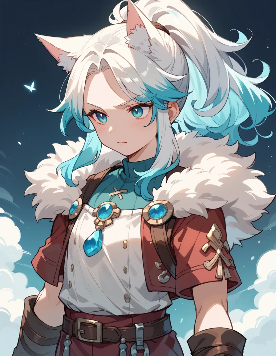 Wolf Girl, short,fine,Young girl, Opal colored hair,ponytail, long hair,Fluffy hair , Unkempt Hair ,Adventurer&#39;s Clothes