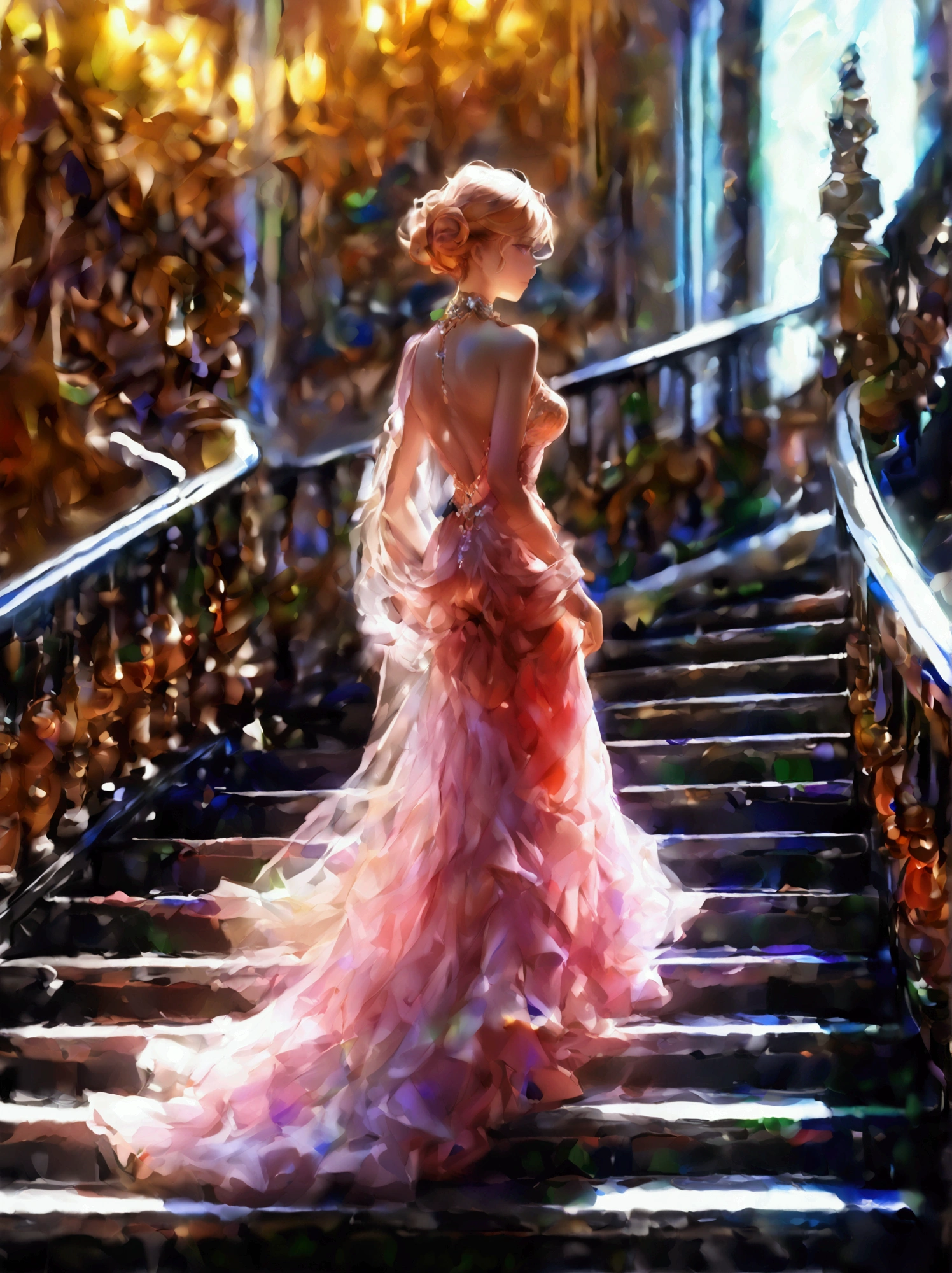 Spectacular anime style. An image of great elegance and glamour of a luxury perfume brand of a woman in a party dress with luxury jewelry, a long haute couture party dress and a hairstyle of great elegance and complexity. She is walking down a spiral staircase and on the last step there is a bottle of perfume. HDR