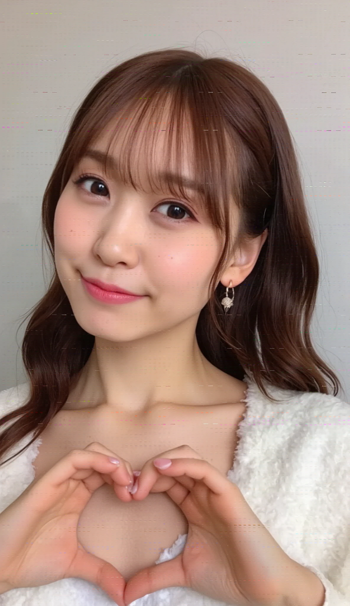  high definition 、 1 woman with a cute smile、 Wear fluffy off-the-shoulder pajamas and make a big heart in front of your chest with your own hands, Photo Mapping、Physically based rendering、 high image quality、 high definition 、1080P、 rich details 、( Stunning Features :1.35)、( detail eyes)、Delicate clavicle、 Various Poses、 A very realistic and detailed upper body portrait of a young woman。The skin is beautiful、 soft light reflecting high on her cheeks .、 Tiny pores and hair follicles、 You can see even the thinnest blood vessels 。The skin is smooth、natural flushing of cheeks 、Healthy glow。 The eyes are large and clear blue、Her iris has fine patterning、 Light is reflecting and shining in the eye。 There is a slight shadow under her eye 、 Her eyelashes are long and naturally curled。 her lips are soft pink 、Smooth texture with a natural glow、 Slightly reflects light。  background is pale black and white gradation .、 The focus is entirely on the face and upper body。 Realistic shadows and textures、 picture-like depiction.。
