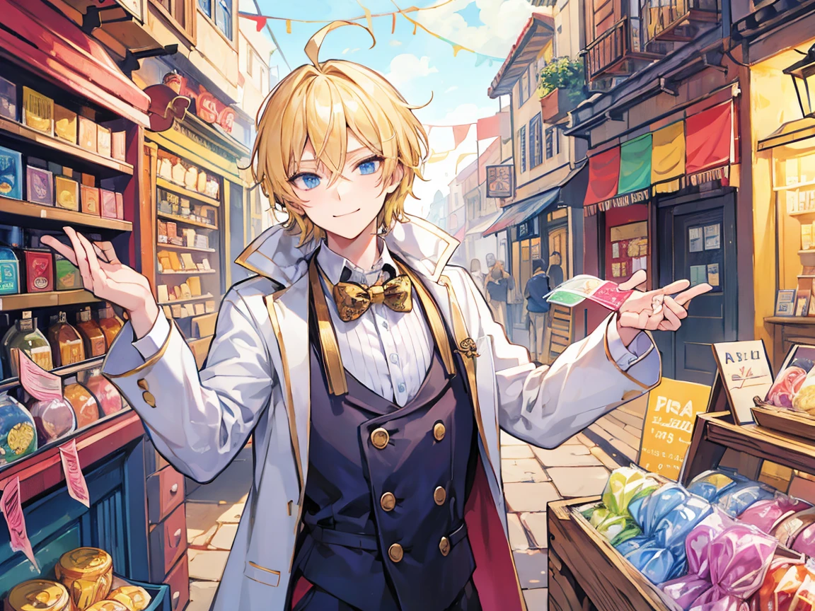 The blonde merchant man holds hundreds of colorful condoms and winks with a mischievous expression