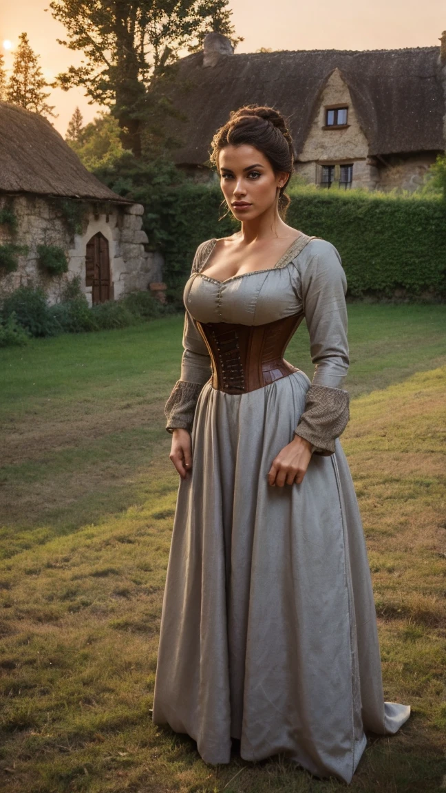 Gorgeous and sultry busty athletic (thin) brunette peasant with sharp facial features wearing a modest updo, medieval hair cover, rough-spun grey and brown medieval dress, long sleeves, wide neck, long dress, tight bodice, corset, Middle Ages, cottage, farm, exterior, trees, countryside, evening, sunset.