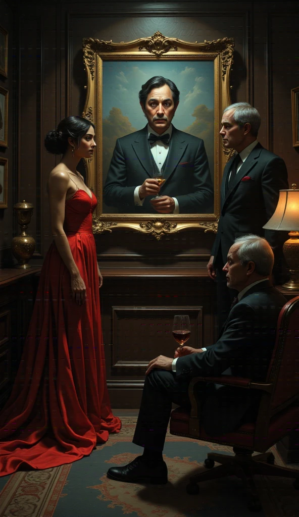 A dramatic scene where the 3 main characters meet in room ,  Helena leaning against the wall with her red ball gown , Vitor holds a glass of wine ,  and their expression suggests hidden secrets and Lucas sitting in an office chair with an expression of concern, with tense expressions.  The atmosphere in an elegant office room of a billionaire ,  must be dark and charged with tension , with the illuminated central artwork ,  symbolizing the secret that connects them all .