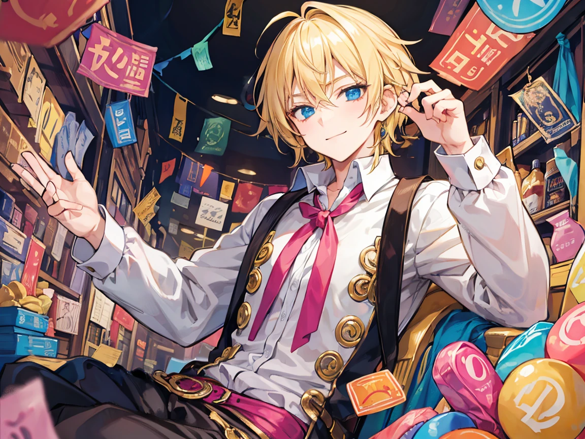 The blonde merchant man holds hundreds of colorful condoms and winks with a mischievous expression