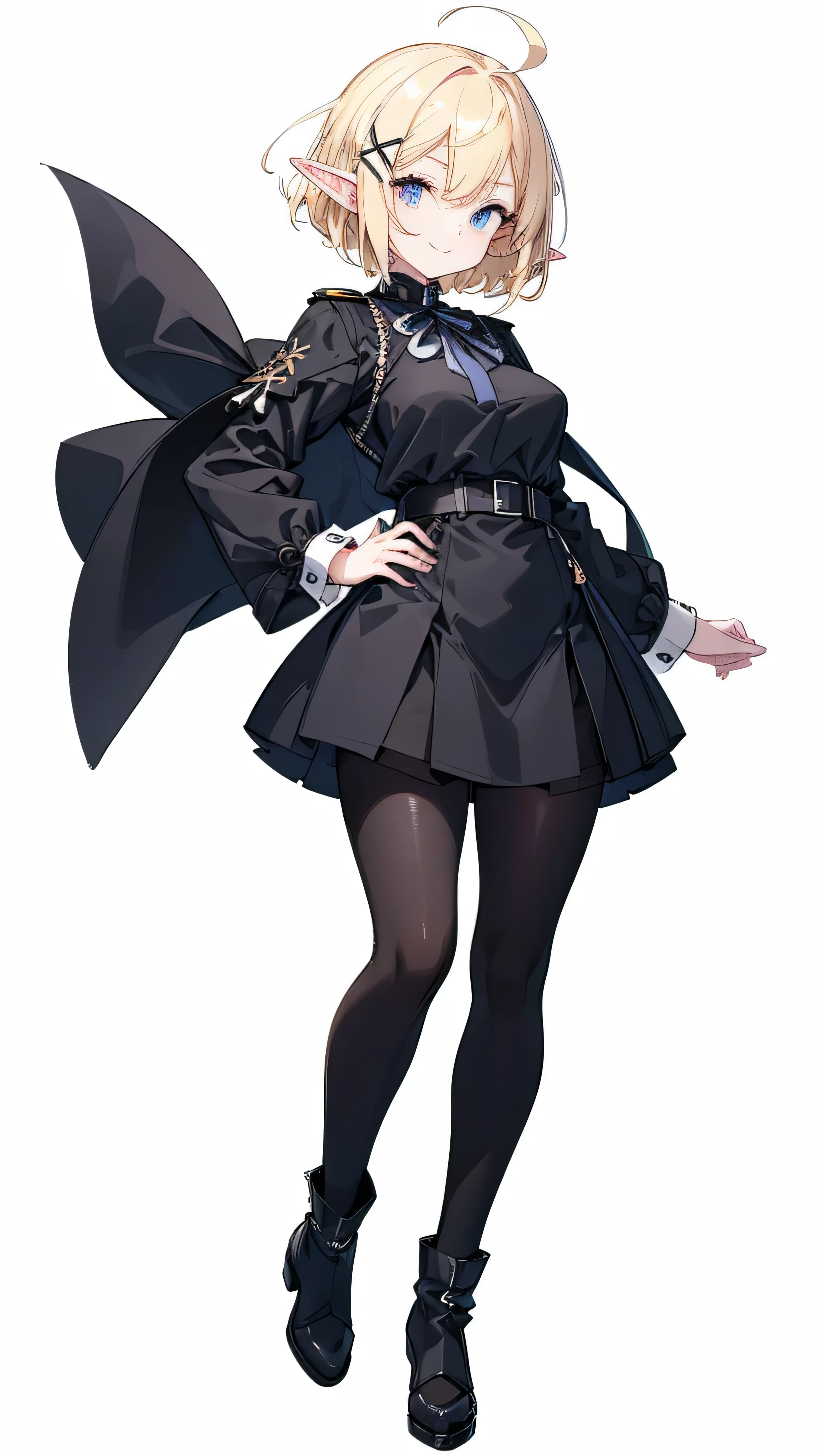 masterpiece,  top quality ,(( 1 elf woman, Slender, tall ,adult,Standing tall, full body image )),Droopy eyes,Perfect dark blue eyes , (( blonde short hair)),ahoge,((( with thick X-shaped hairpins attached to the bangs))),huge breast, black knee-high boots ,((black luxury tights,Black gothic skirt ,black military uniform gothic,Long sleeve with wide black cuffs)),(((( no background ,Solid white background)))), thin eyebrows, white skin,smile,  I don't have anything in my hands ,One hand on hip,Diagonal side view,Big ribbon on the back