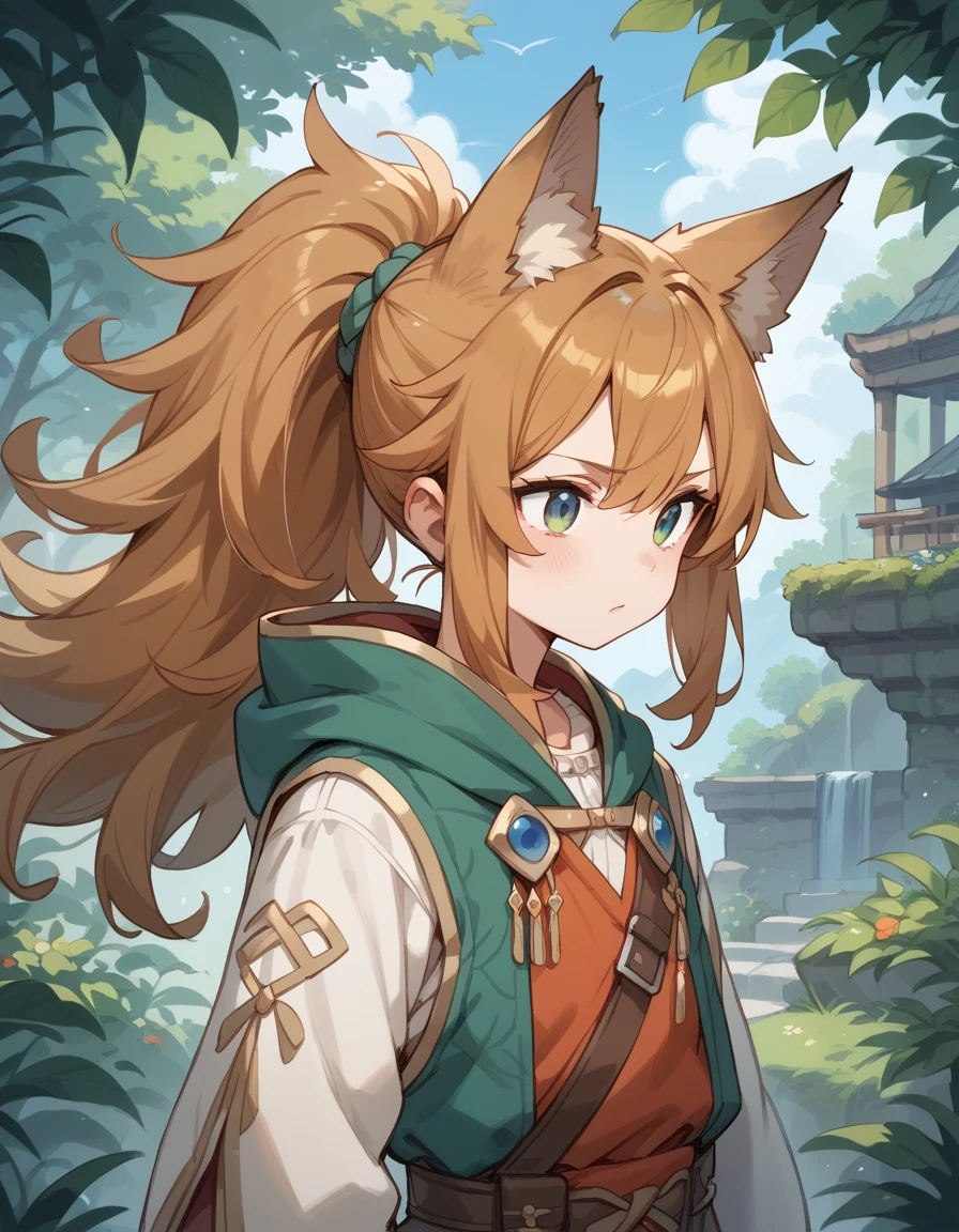 Wolf Girl, short,fine,Young girl, Olive Hair,ponytail, long hair,Fluffy hair , Unkempt Hair ,Adventurer&#39;s Clothes