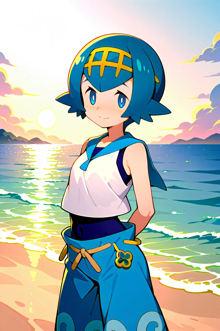 1girl, lana \(pokemon\), blue hair, short hair, blue eyes, 2default2, yellow hairband, shy smile, outdoor, beach, looking at viewer, facing front, from front, standing, arms behind back, close-up shot of breast to thigh, loli, ass, yellow hairband, (swimsuit under clothes), white shirt, sleeveless shirt, sailor collar, blue pants, baggy pants, wave pattern pants