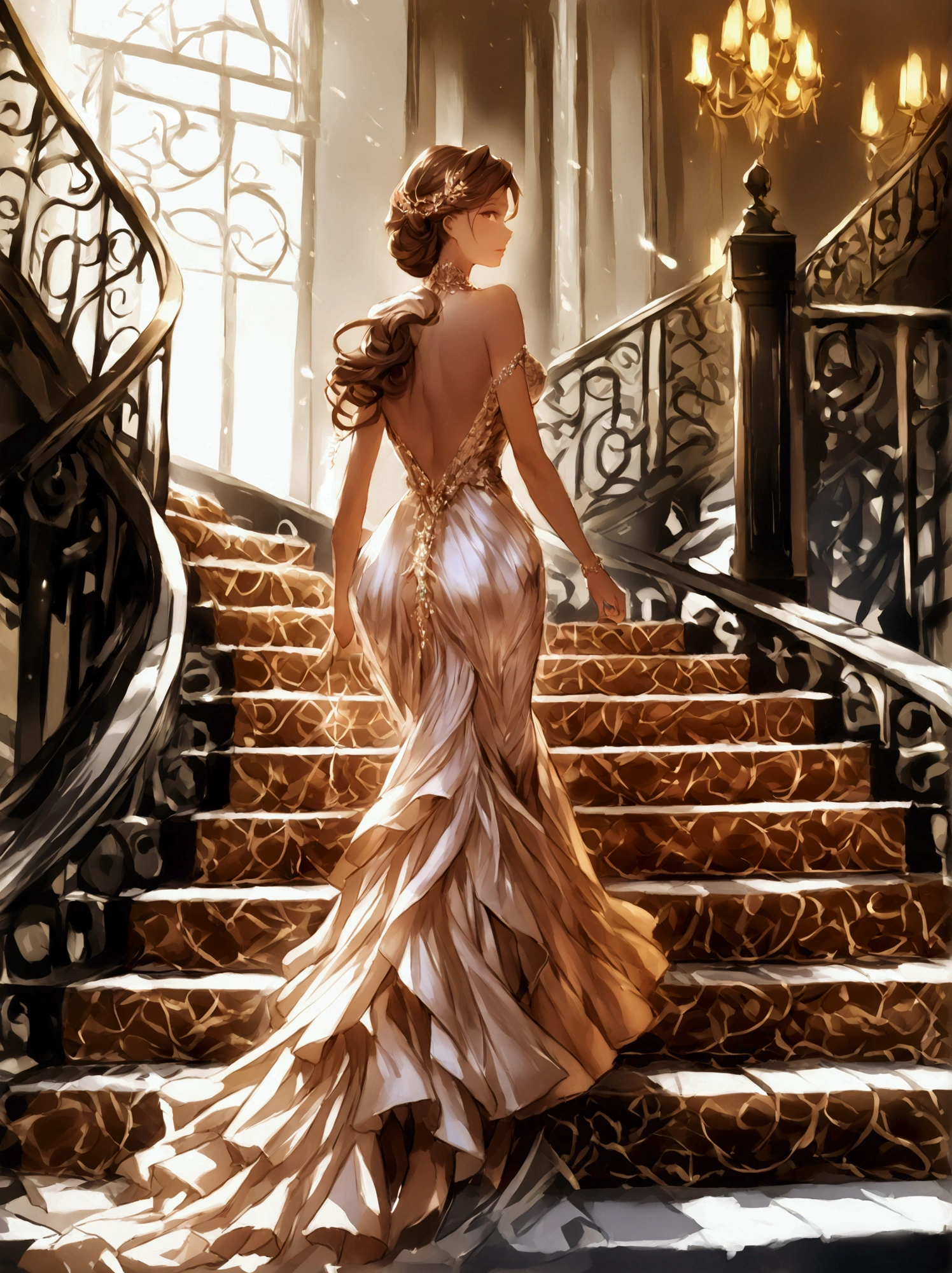 Spectacular anime style. An image of great elegance and glamour of a luxury perfume brand of a woman in a party dress with luxury jewelry, a long haute couture party dress and a hairstyle of great elegance and complexity. She is walking down a spiral staircase and on the last step there is a bottle of perfume. HDR