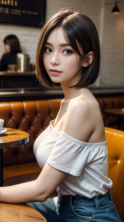 UHD, masterpiece, anatomically correct, super detail, best quality, 8k,  sharp focus 、( bust up shot :1.4)、Bust, Passport Photo,  full face, (Woman relaxing in a cafe :1.2)、 one beautiful woman 、28 years old、Tokyo、 woman sitting at a cafe drinking coffee、 BOB CUT HAIR、 white off-shoulder plain t-shirt 、Beautifully depicted eyes 、(( viewers:1.8)), ( staring at the camera)、 standing with different breasts 、 anatomically correct hands working in modern cities、