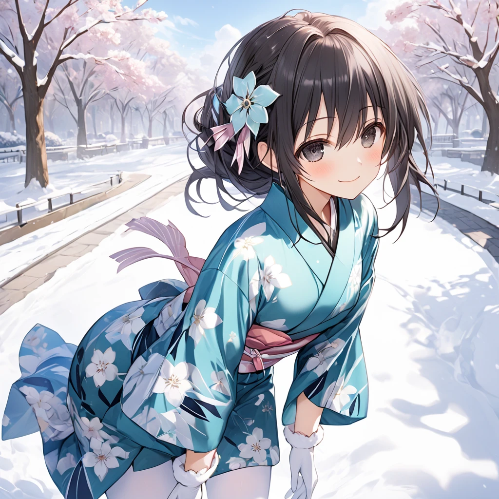 ( 1 girl), Green \(Neptunia )\, black hair, black eyes,(smile:1.5)、blush、(low ponytail:1.5), (long sidelocks:1.5), ,( small tits:1.5),(Floral Yukata:1.5),( muffler :1.5),(white thigh high :1.5),gloves,snow,Park Walkway、 Dynamic Poses、( perfect anatomy ),( best quality), ( ultra hi-res), (超 high definition ), ( Highly Detailed CG), (32K), (masterpiece)、eyesHD