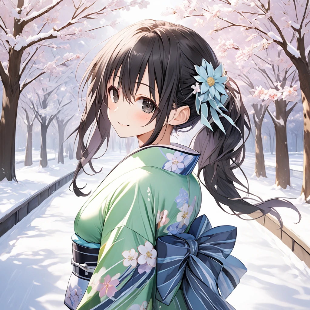 ( 1 girl), Green \(Neptunia )\, black hair, black eyes,(smile:1.5)、blush、(low ponytail:1.5), (long sidelocks:1.5), ,( small tits:1.5),(Floral Yukata:1.5),( muffler :1.5),(white thigh high :1.5),gloves,snow,Park Walkway、 Dynamic Poses、( perfect anatomy ),( best quality), ( ultra hi-res), (超 high definition ), ( Highly Detailed CG), (32K), (masterpiece)、eyesHD