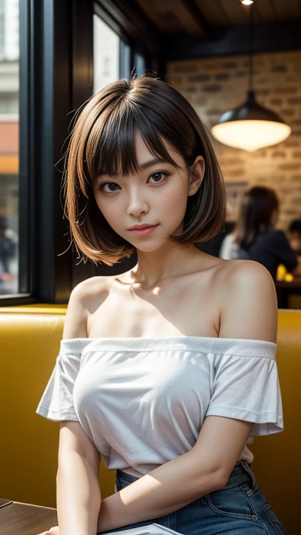 UHD, masterpiece, anatomically correct, super detail, best quality, 8k,  sharp focus 、( bust up shot :1.4)、Bust, Passport Photo,  full face, (Woman relaxing in a cafe :1.2)、 one beautiful woman 、28 years old、Tokyo、 woman sitting at a cafe drinking coffee、 BOB CUT HAIR、 white off-shoulder plain t-shirt 、Beautifully depicted eyes 、(( viewers:1.8)), ( staring at the camera)、 standing with different breasts 、 anatomically correct hands working in modern cities、