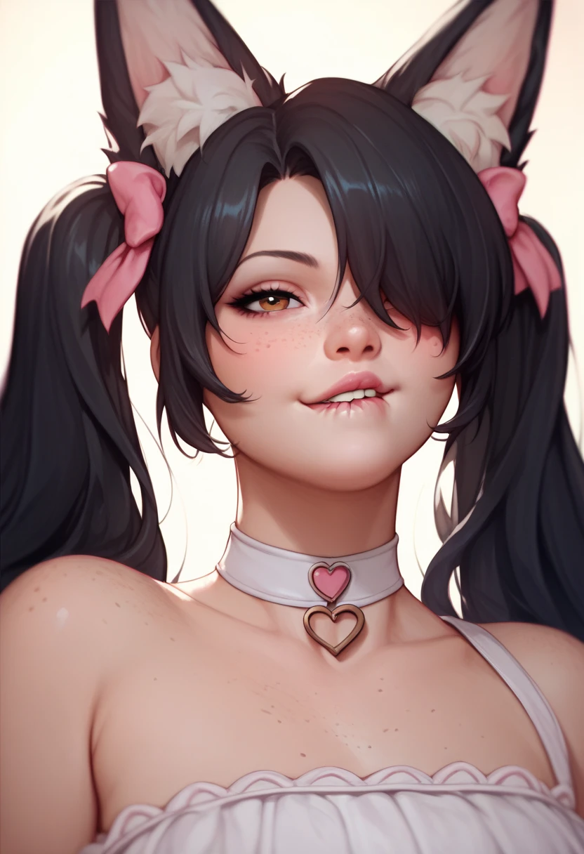 score_9,score_8_up,score_7_up,score_6_up,score_5_up,score_4_up,
1girl, pretty girl, black hair, in twintails, hair over 1 eye, cute nose. biting lip, seductive, white choker, pink lips, freckles, hoshimi miyabi 
, fox girl 